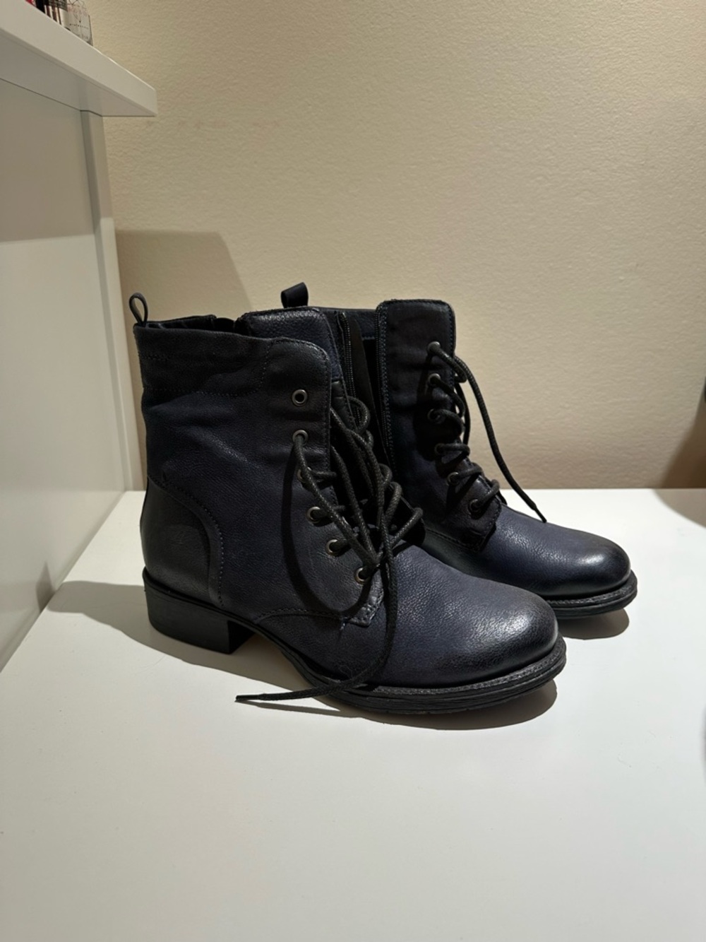 Lace-Up Leather Ankle Boots in Dark Navy